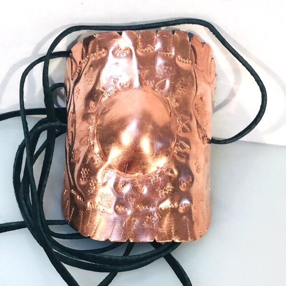Brutalist Huge Concho Repousse Ketoh Arm Band Cuff Solid Copper Bracelet Leather - Picture 3 of 7